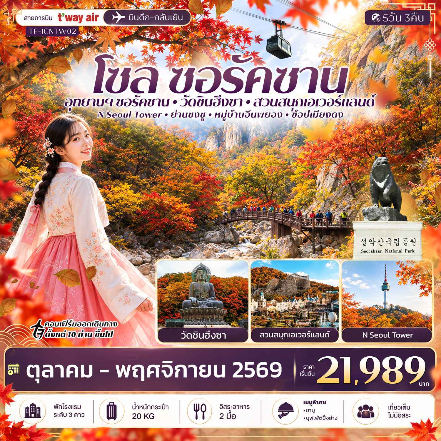 TF-ICNTW02 เกาหลี โซล ซอรัคซาน สวนสนุกเอเวอร์แลนด์ 5วัน 3คืน บิน T’way Air (TW)